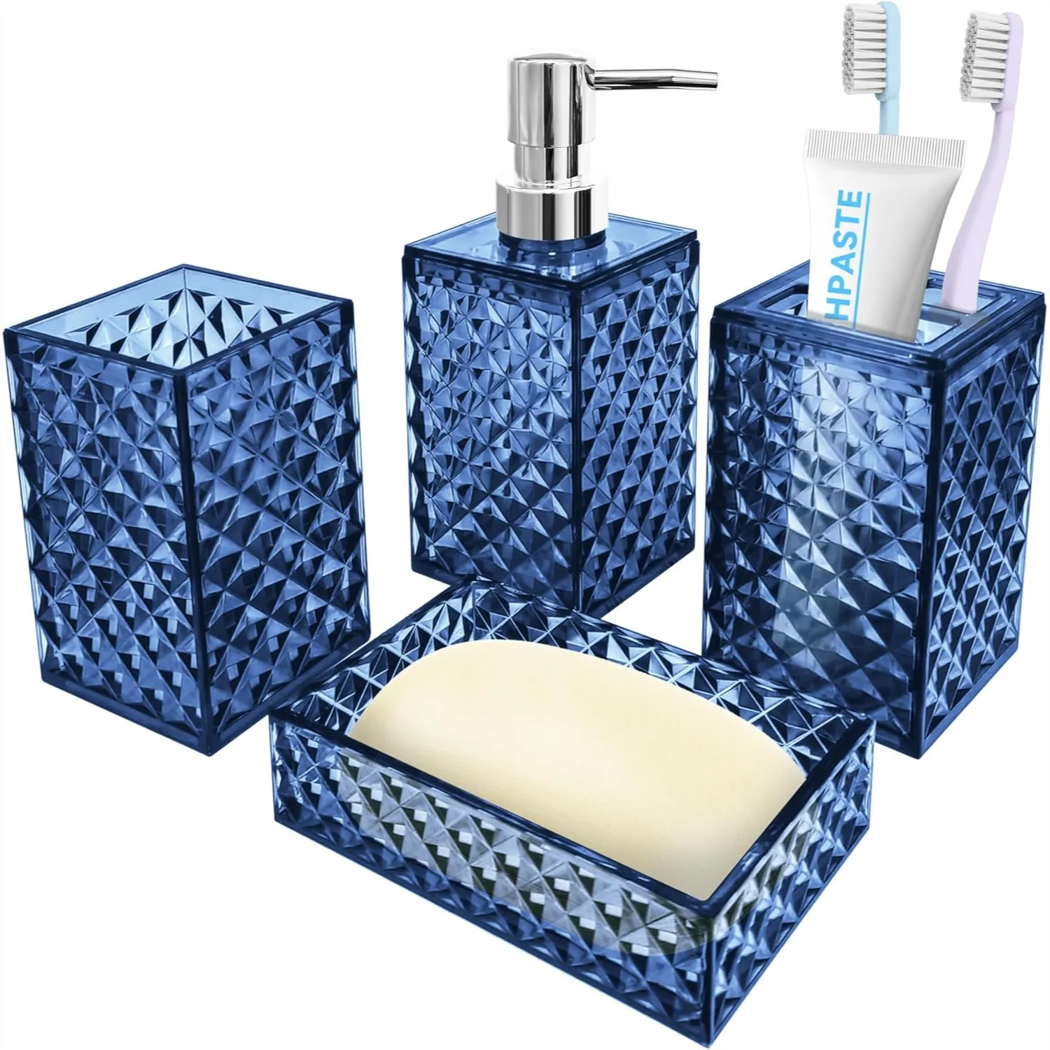 

Bathroom Accessory Set 4 PCS Blue Soap Dispenser Toothbrush Holder Soap Dish Mouthwash Cup Boho Decor