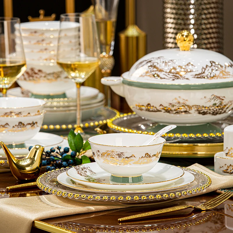 Juego de vajilla 2025, nuevo plato de cuenco Jingdezhen moderno de alta calidad, juego elegante, juego de vajilla china de lujo para uso doméstico