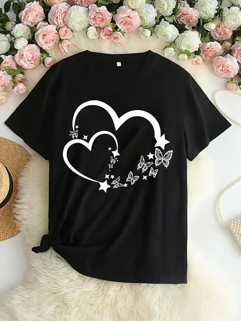 بالإضافة إلى حجم القلب طباعة تي شيرت عارضة طاقم الرقبة قصيرة الأكمام تي شيرت المرأة زائد حجم الملابس