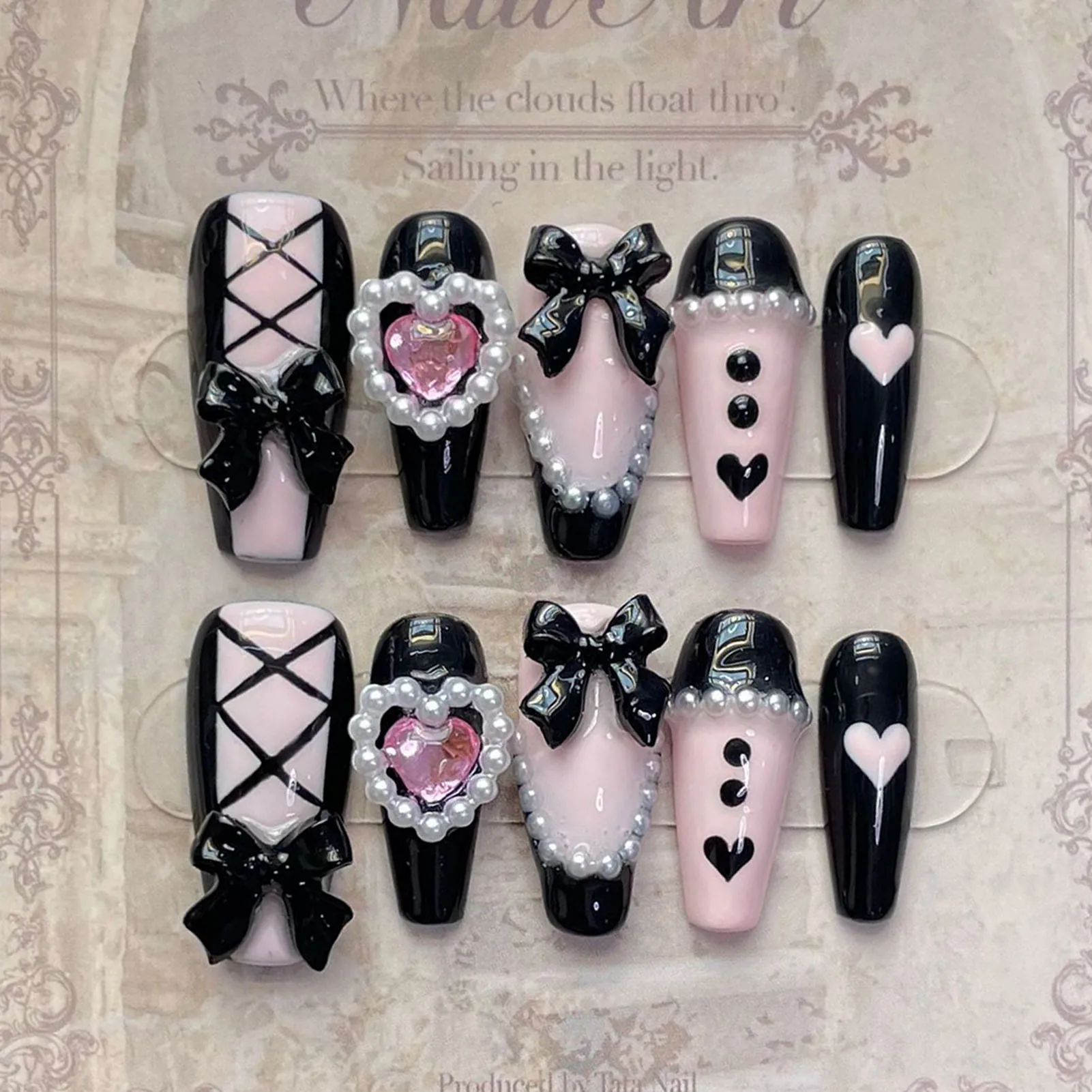 Uñas postizas hechas a mano para chica, Uñas postizas francesas negras con perlas de lazo 3D, decoración de Ballet largo, rosa, Y2k, 10 piezas