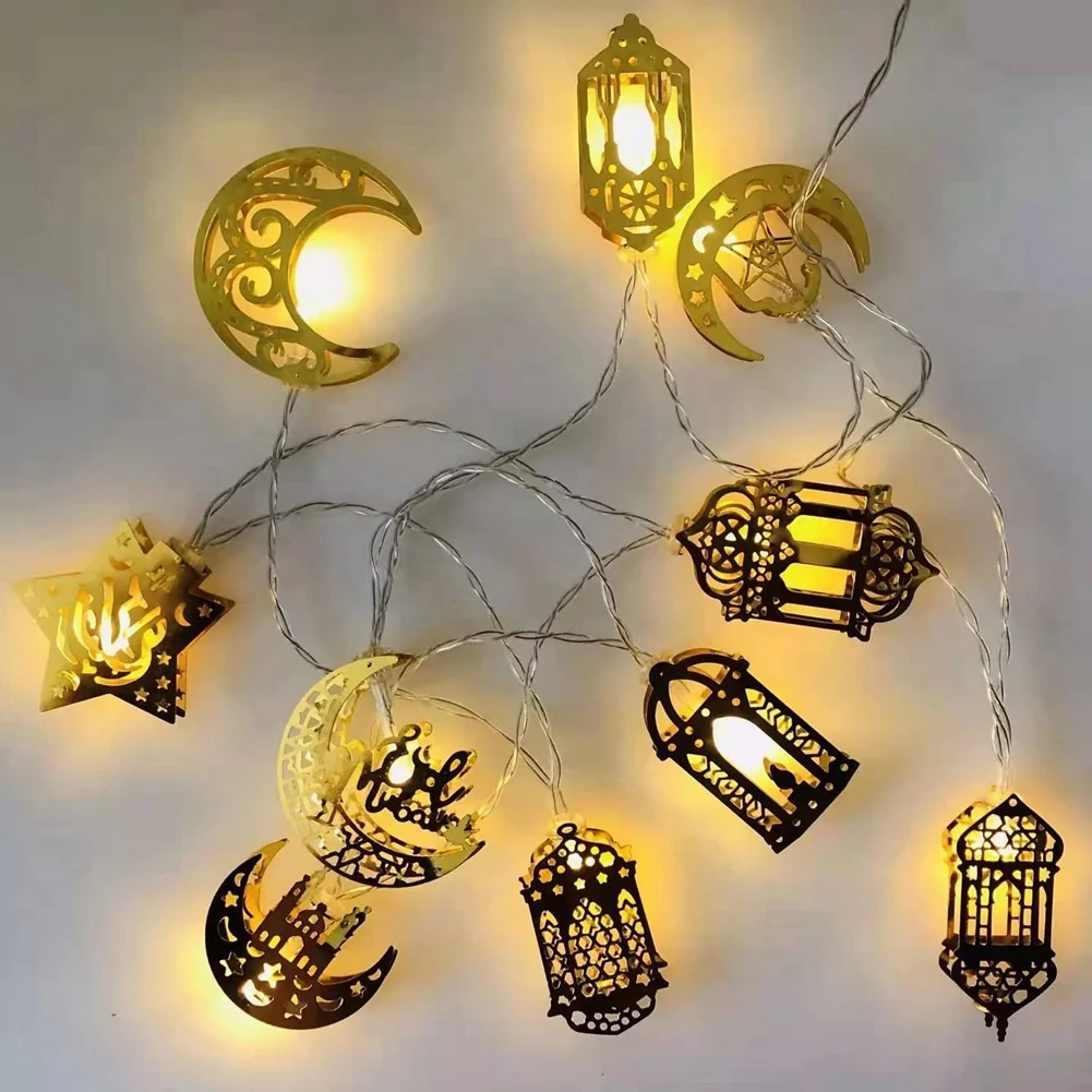 BFYLE 10 LED Decoraciones doradas de Ramadán Decoración Eid Linterna de luna y estrella Luces de Ramadán con pilas, Cadena de luces para fiesta de Ramadán
