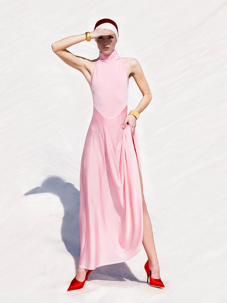 VC Pink Satin Solid High Collar Sleeveless Waisted Stretch Mesh Patchwork Tank Spliced Swing Vest Dress Cocktail Evening Gowns