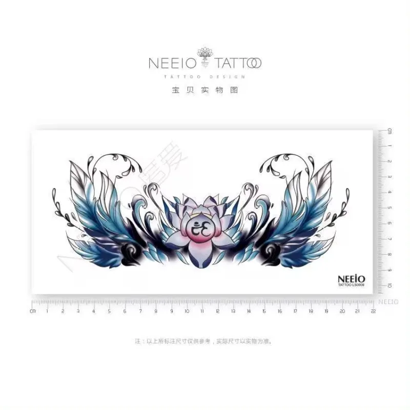 Blue Lotus Tattoo Lasting Fake Tattoos for Woman Men Yoga Wing Feather Temporary Tattoos Sexy Abdomen Arm Art Tattoo Stickers