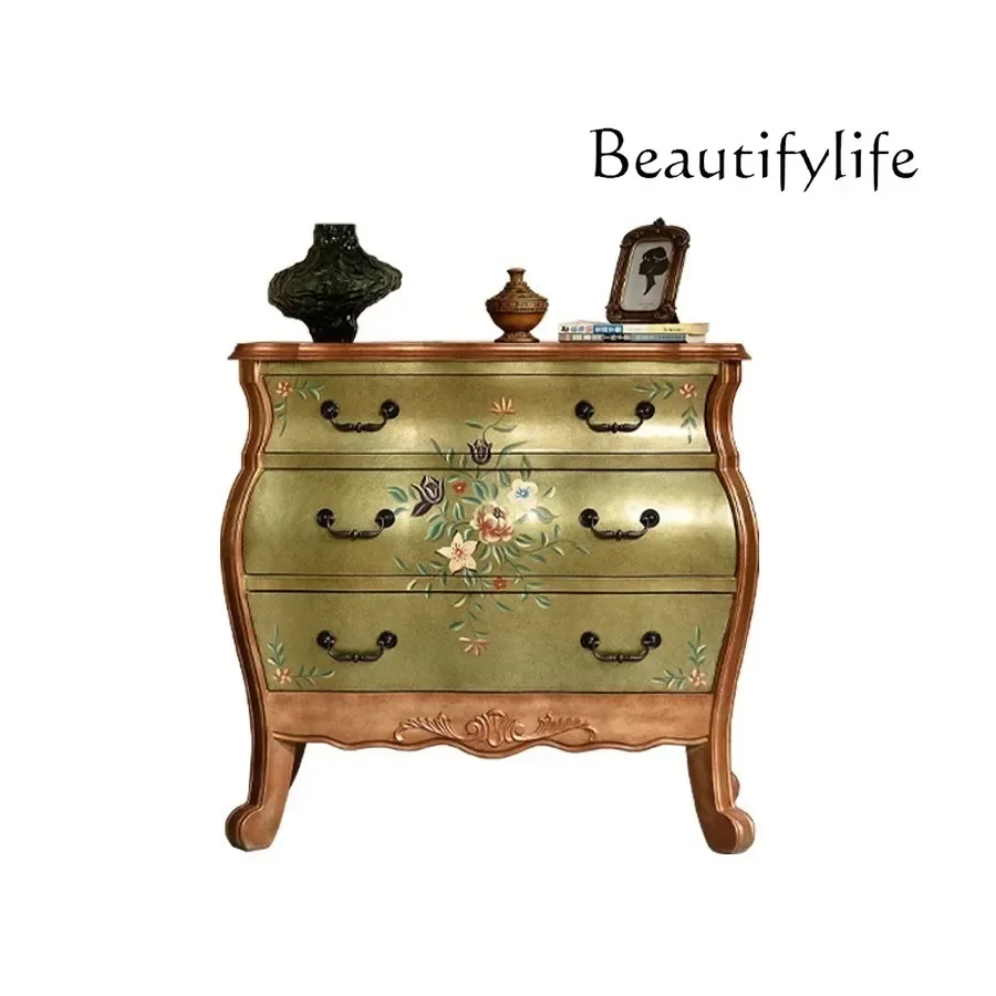 

11American country three-bucket cabinet solid wood bedroom storage, bedside decorative drawer, living room dining side cabinet