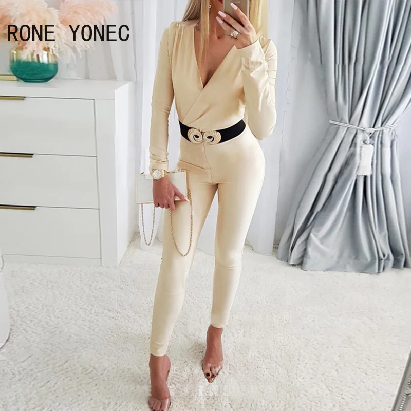 

Women Deep Ve Neck Long Sleeves with Belts Working Skinny Pencil Pants Jumpsuit