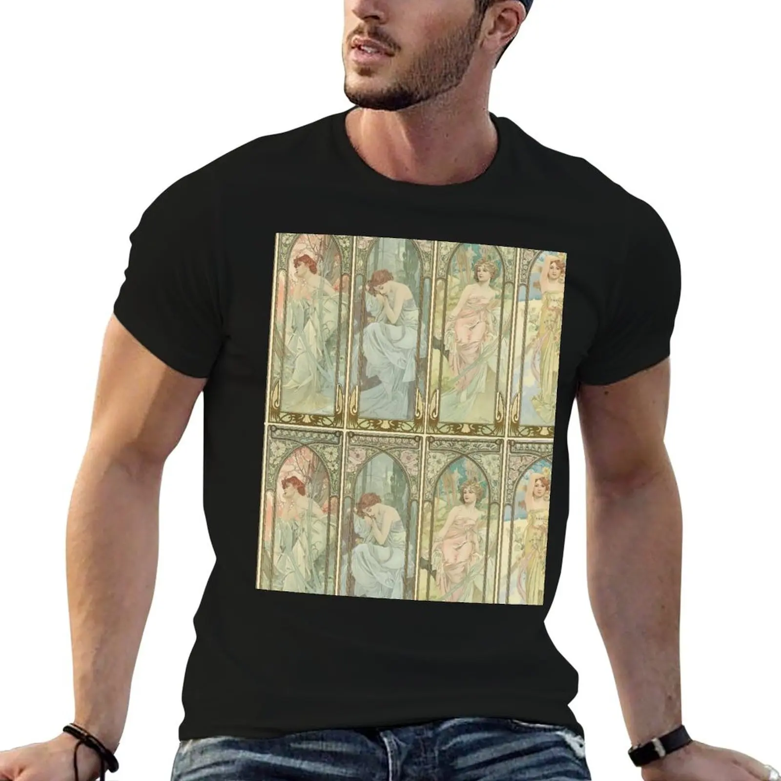 Times of the day Art nouveau vintage art - Alphonse Mucha T-Shirt Casual Minimalist Short Sleeve Top