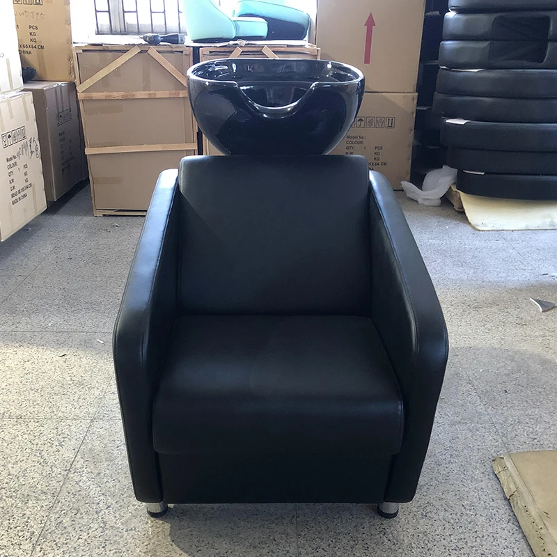 qk-Modern Reclining Black Shampoo Chair Luxury Barbershop Furniture Head Treatment Spa Washing Chair with Ceramic Basin@