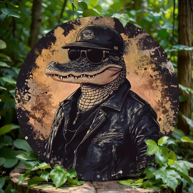 Crocodile in Leather Jacket Round Aluminum Sign, 2D Flat Printed Wall Art for Home, Office, Bar, Party Decor & Holiday Gift