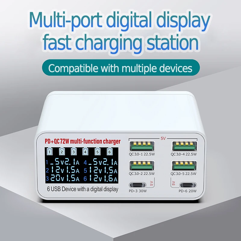 

Digital LCD display intelligent charge Station 6 Ports USB Smart Fast Charger Charging QC 3.0 PD 30W For Tablet PC Mobile Phone