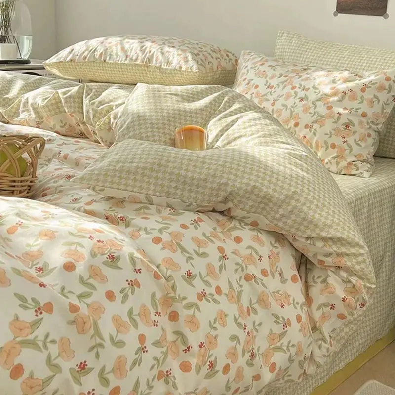 Ins Floral Bedding Set with Duvet Cover Flat Sheet Pillowcases New Summer No Filler Full Queen Size Hotel Home Soft Bed Linens