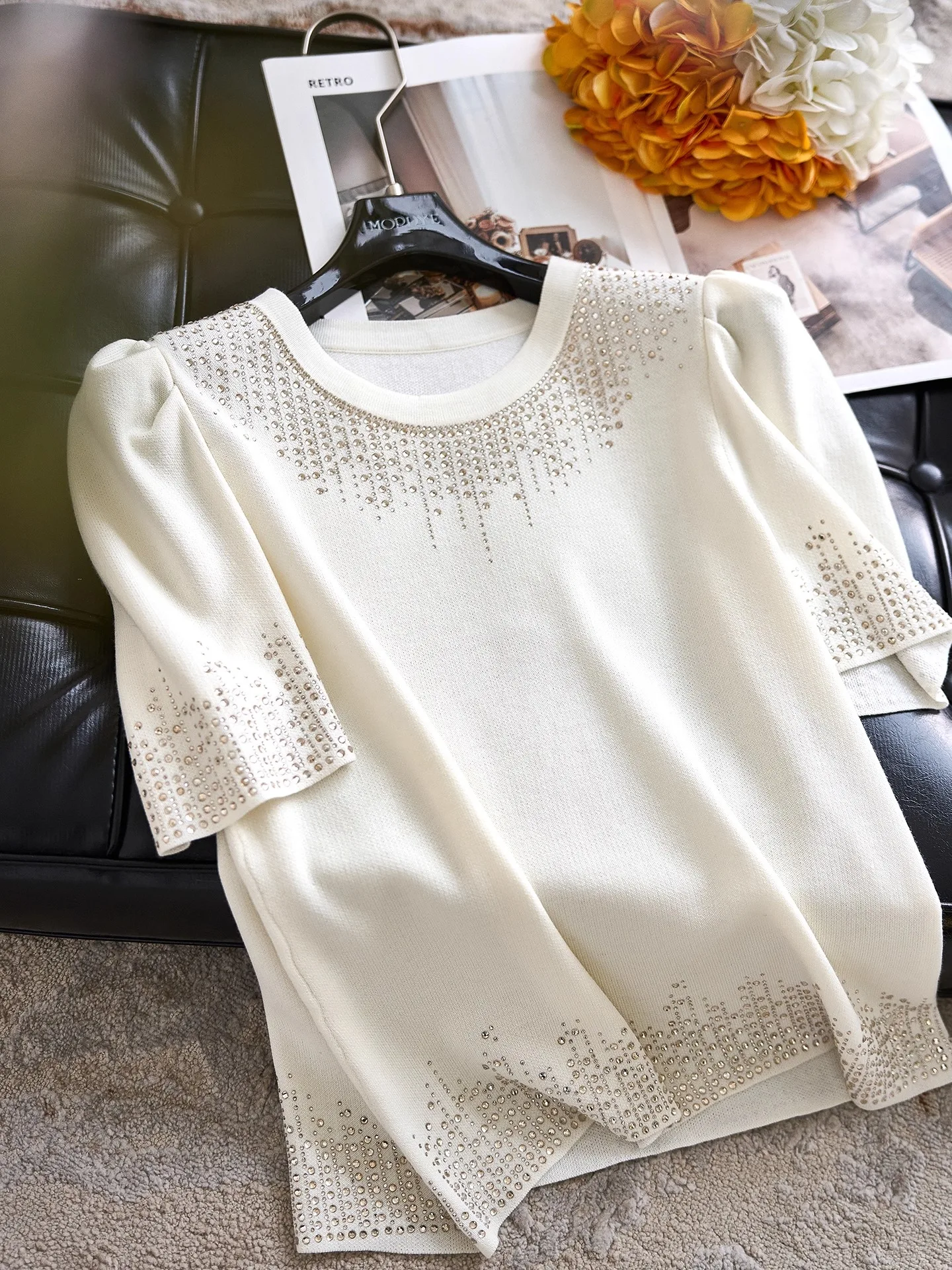 

Ele White Knitted Wool Top with Diamond Embelliment Slim Fit ort Sve Base Layer Casual Sle Women's Faion