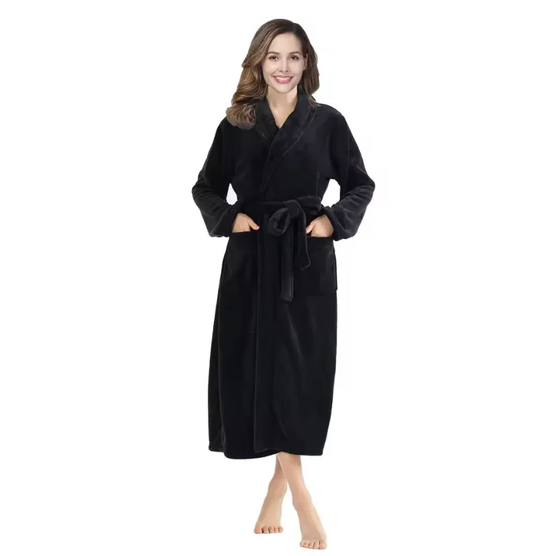 Women's Solid Color Lapel Pajamas Yukata Autumn and Winter Long Sleeved Bathrobe Warm and Comfortable Suitable for Family Wear