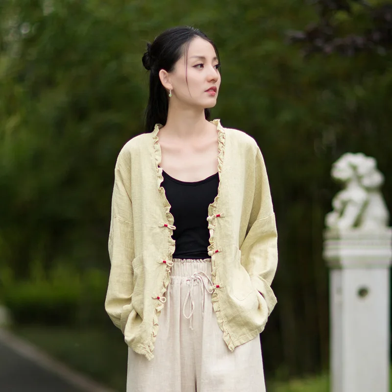 

Autumn Linen Blend Women's Batwing Sleeve Loose Fit Chinese Style Cardigan