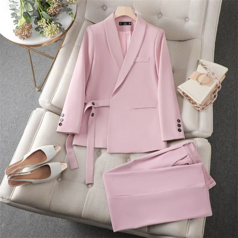 Ternos rosa para mulheres, blazer e calças, senhora do escritório, casaco feminino, calças, vestido de baile, algodão, moda primavera, 2 peças