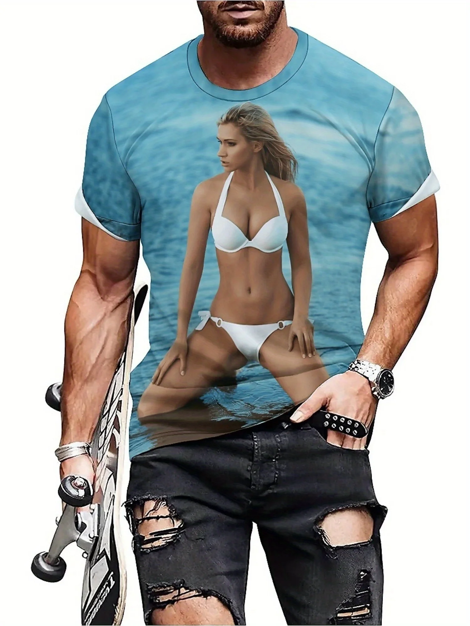 Camiseta masculina y2k streetwear com estampa de biquíni 3d sexy manga curta, camiseta gráfica retrô de poliéster respirável para festas traje casual
