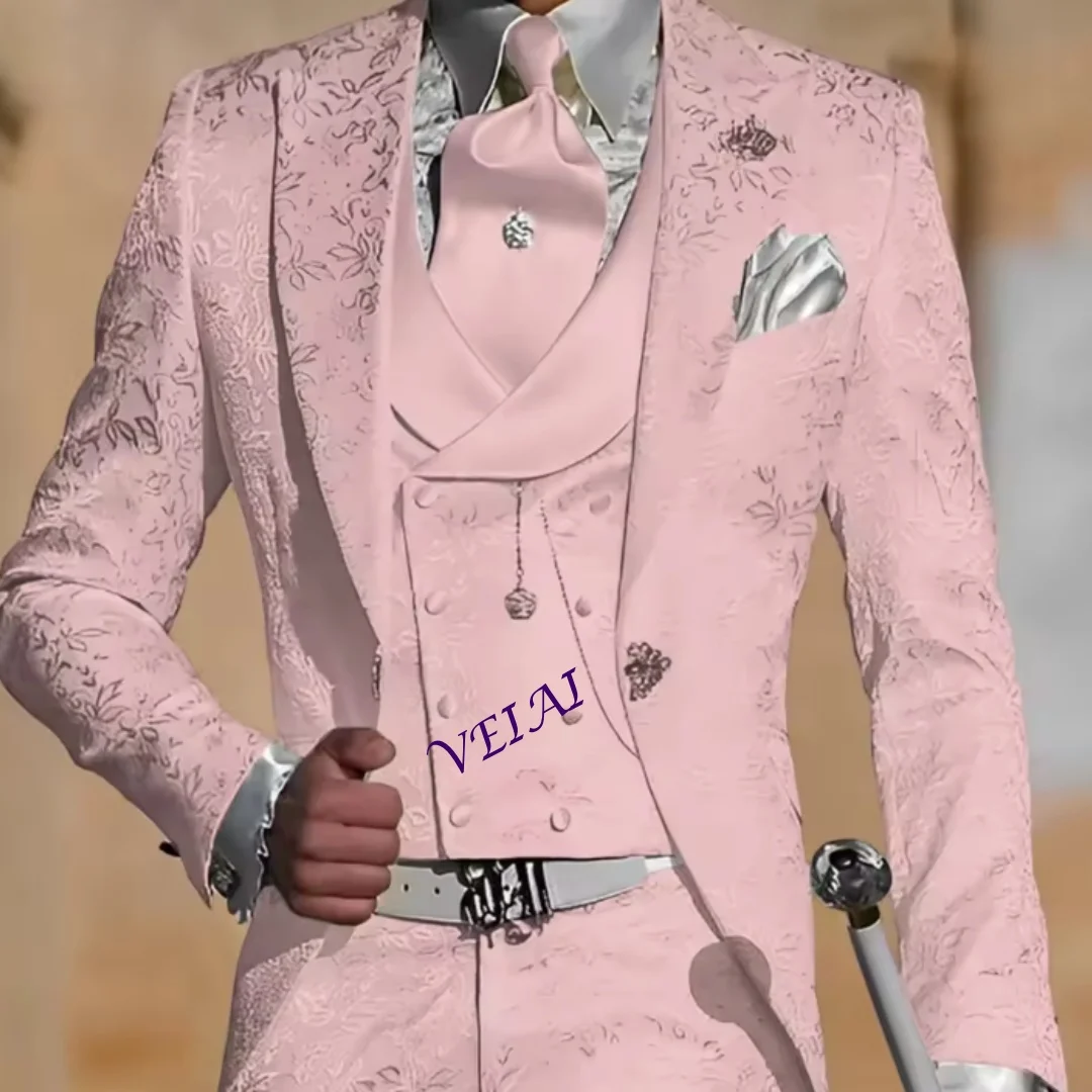 

White Floral Jacquard Men's Wedding Suit 3pcs Jacket Vest Pants Slim Wear for Groom Dinner Party Custom Tuxedo Customized
