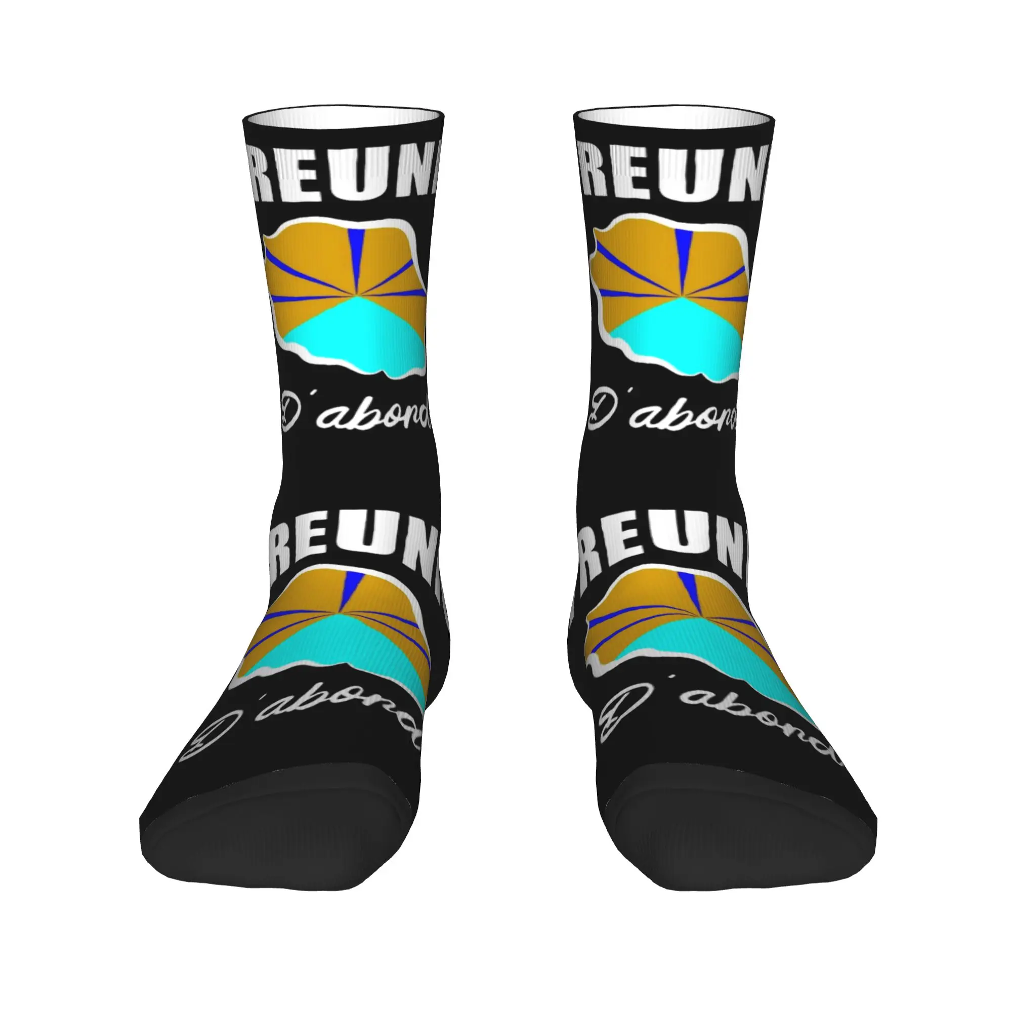 

French Volcanic Reunion Island Flag 974 Men Women Crew Socks Unisex Fun 3D Printed Dress Socks