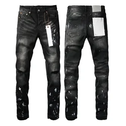 Fashion top quality Purples Jeans Men High Street Brand Paint Dot Knife Cut Hole Repair Low Rise Skinny Denim Pants