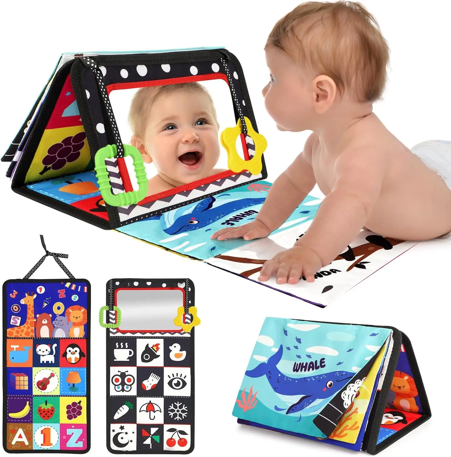 

High Contrast Baby Toy for Newborns 0-12 Months - Visual Stimulation Mirror & Crinkle Play Mat - Perfect Shower Gift