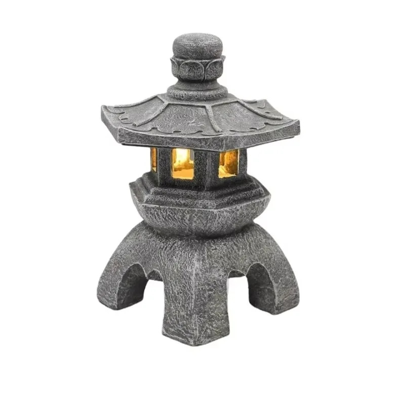 Solar Pagoda Lantern Resin Construction With LED Lighting Stone Finish And Solar Panel For Zen Garden Balcony Decor