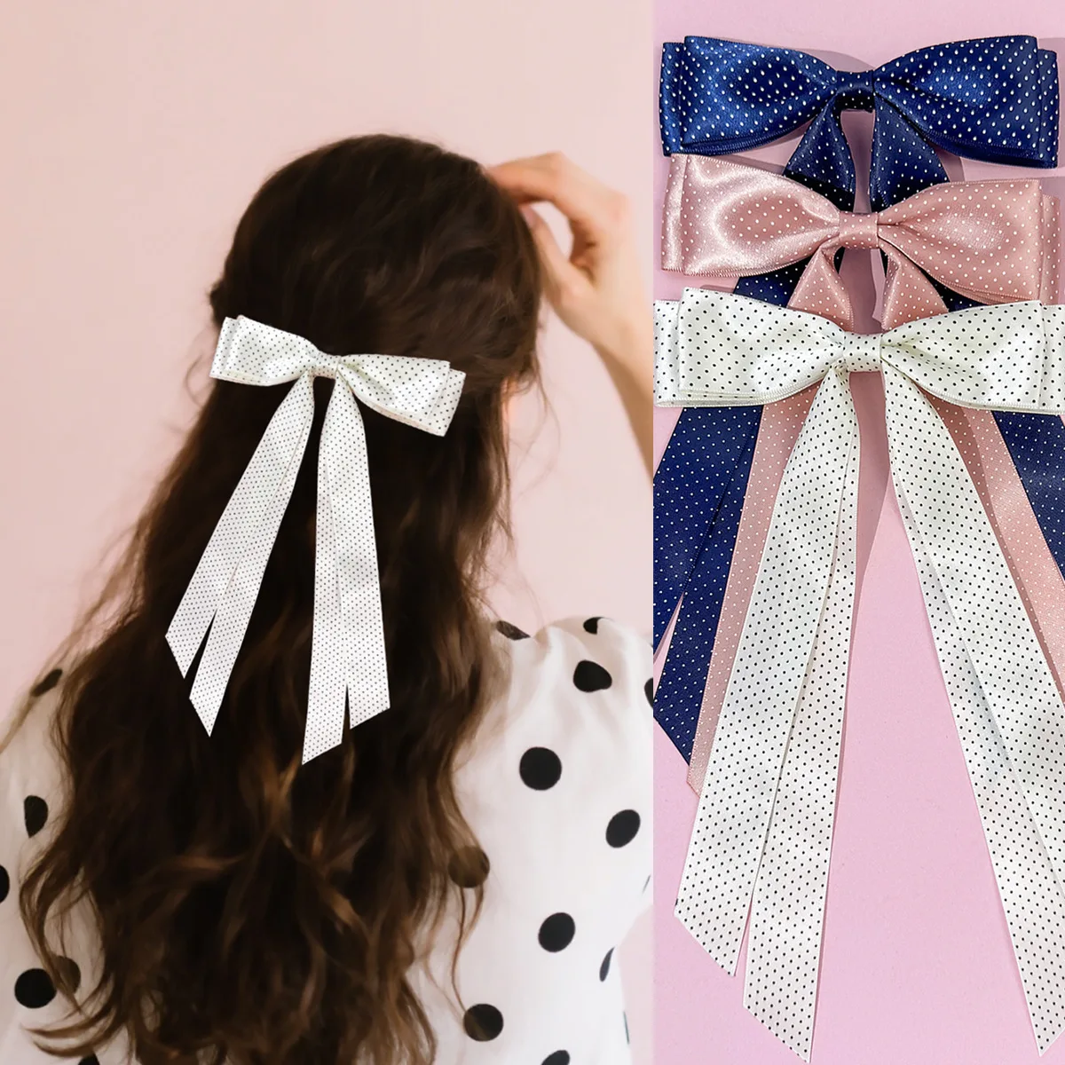 Dot Spot Prints Satin Ribbon Bow Hair Clips, Long Tassel Barrettes, Kids Headwear, Baby Headwear, Bulk Pack for Girls, 36PCs