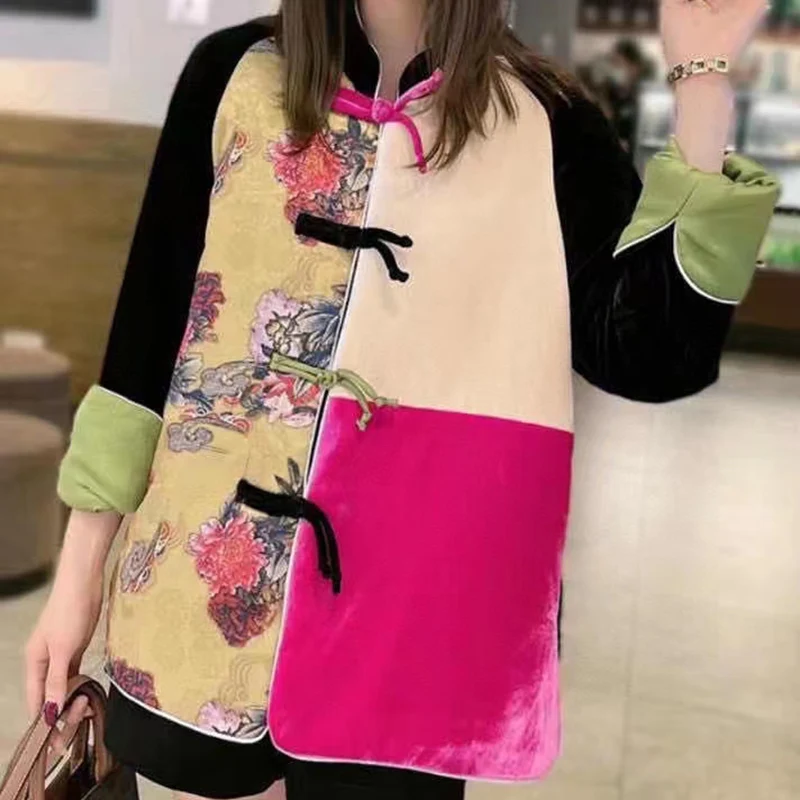 

High End Vintage Contrast Velvet Woman Top New Stand Collar Long Sleeve Single Breasted+Tassel Jacket Autumn And Winter 2022