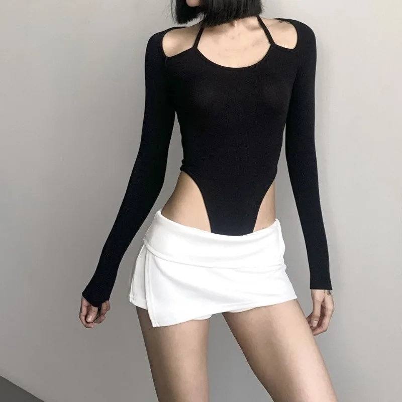 American Spicy Girl – body décontracté à manches longues, Sexy, col suspendu, Camisole de sport, cravate serrée, coupe haute, T-shirt pour femmes