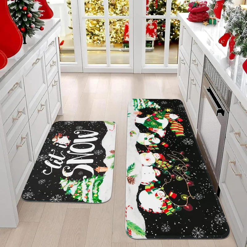 Christmas Snowman Kitchen Floor Mat 2-piece Set Snowflake Living Room Home By Mat Decoration 16inX24in 17inX47in