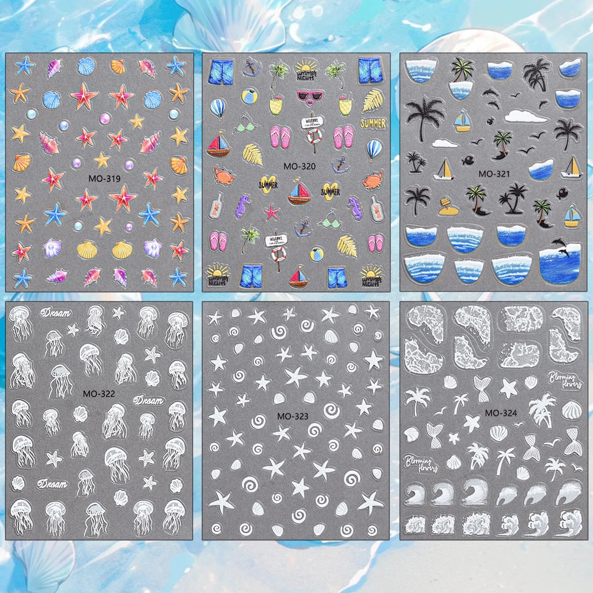 3/6/12 Sheets 5D Embossed Ocean Beach Nail Art Decals Starfish Seashell Jellyfish Sea Life Summer DIY Manicure Nail Stickers