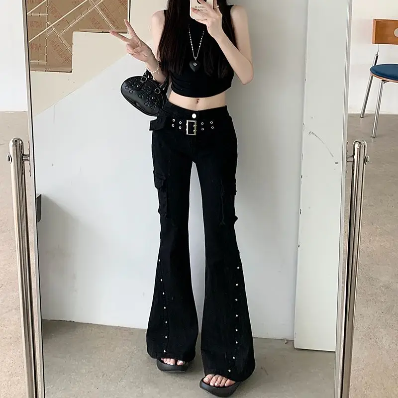 Women Gothic Dark Academia Chic Shoujo Cargo Flared Jeans Grunge Japanese Low Rise Gyaru Y2K Denim Pants 2000s Bell-Bottom New