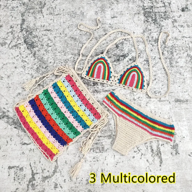 3pcs Bikini Set Woman Crochet Rainbow Bikini +Bodycon Skirts Sexy women Bikini swimwear Bathing suit cover-ups set