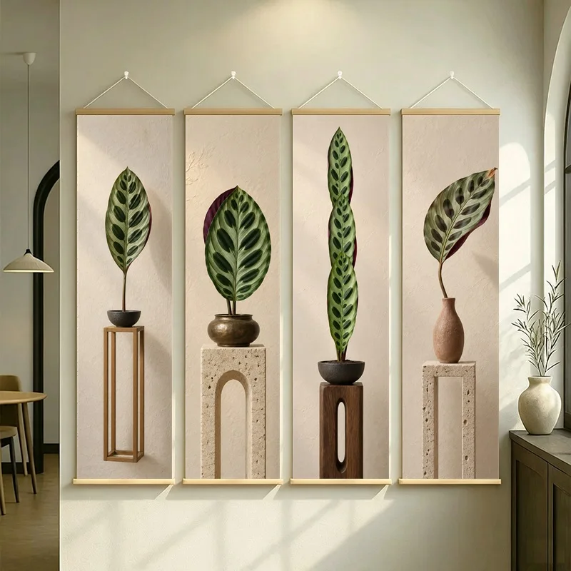 Patterned Leaf Wall Art 4-Panel Bold Oval Plant Pot Scroll Set on Beige Silver Shimmer Canvas for Eclectic Living Room Decor