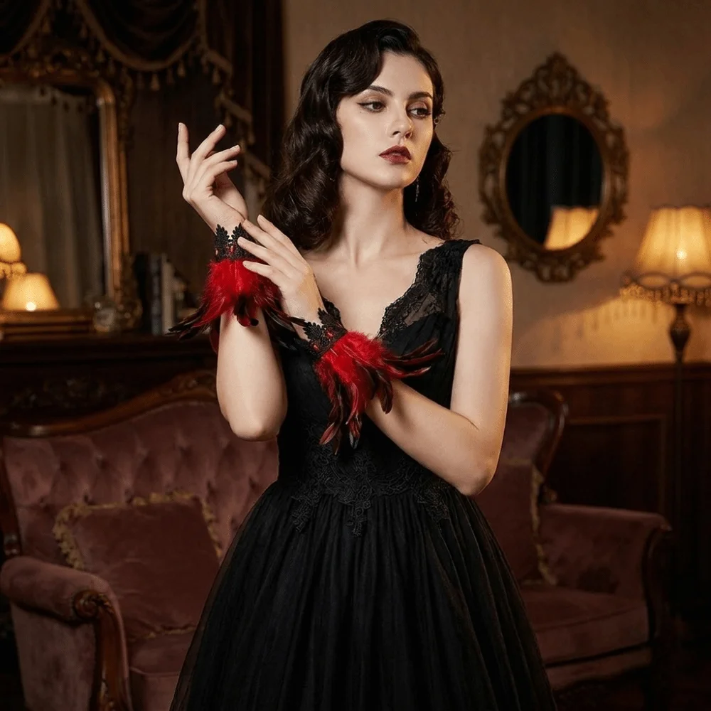 Fashion Black Lace Fluffy Feather Wrist Cuffs Adjustable Chic Plume Bracelet Gothic Lightweight Wristband Themed Party