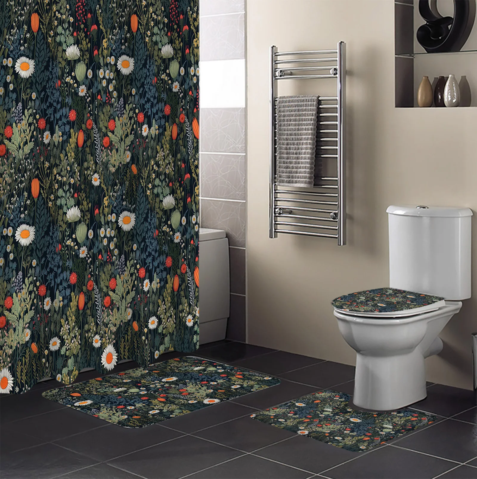 Flowers Leaves Chrysanthemums Shower Curtain Non-Slip Rugs Toilet Lid Cover and Bath Mat Bathroom Curtains with Hooks