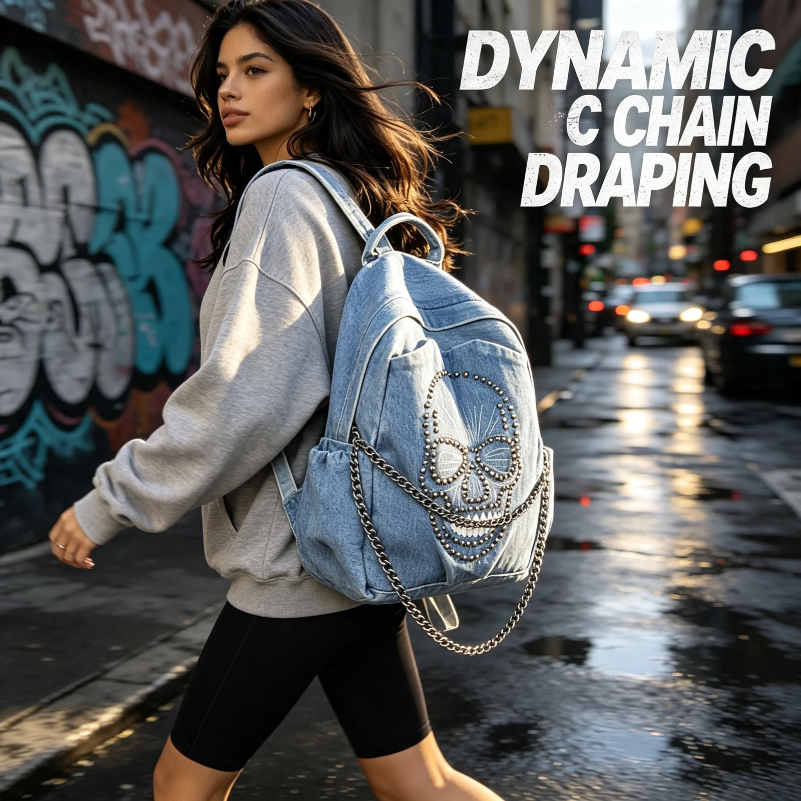 Y2K Denim Backpack Women Skull, Rivet Chain Shoulder Bag Casual, Streetwear Rucksack Cool Gothic Travel, School Bags Female Gift