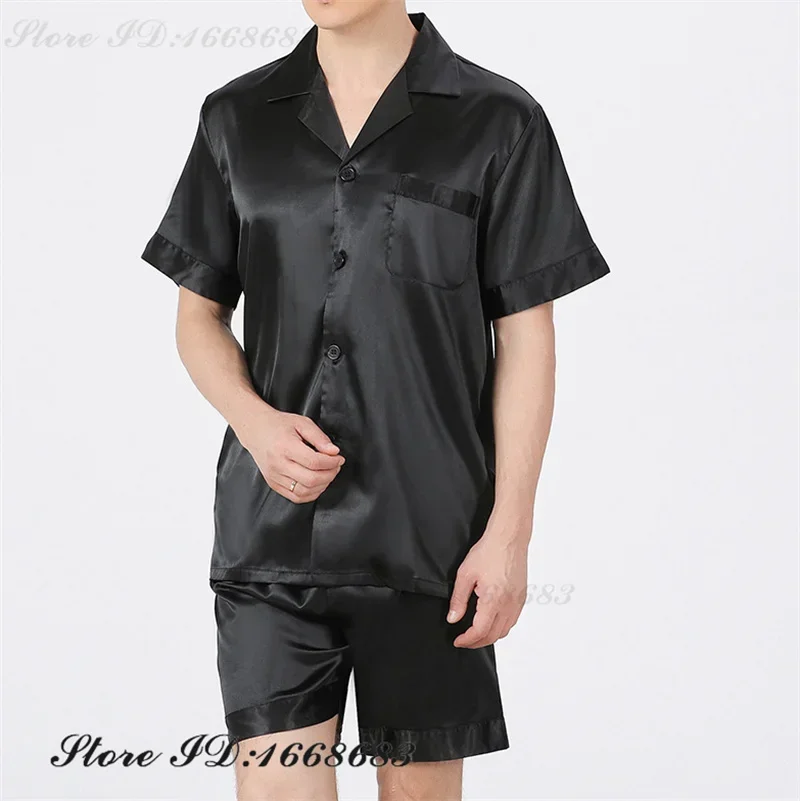 

Large Size Men Satin Pajama Set Sleepwear for Man Summer Short Sleeve Button-Down Shirt & Shorts Pajamas 2Pcs Home Clothes Suit