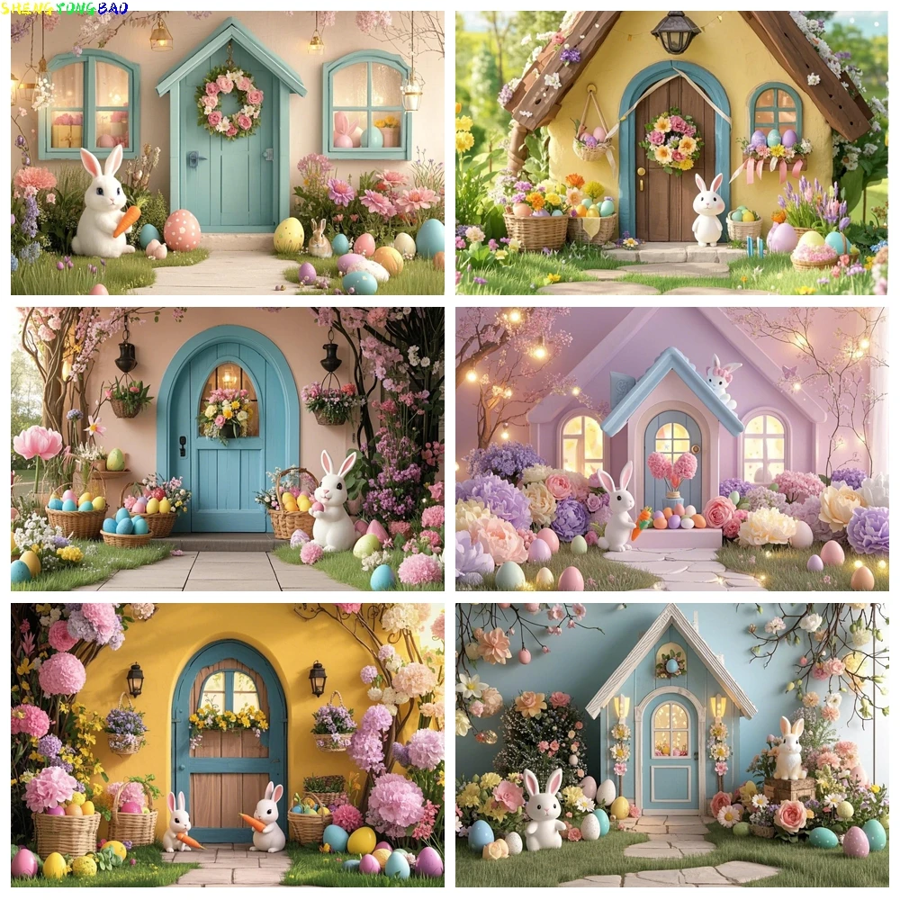 

Indoor Tent Children Birthday Photography Backdrops Props Happy Easter Day Rabbits Butterfly Eggs Flowers Photo Background TT-01