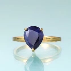 GEM'S BALLET Pear Shape Blue Sapphire Solitaire Engagement Ring Women Yellow Gold Ring in 925 Sterling Silver Gift For Her