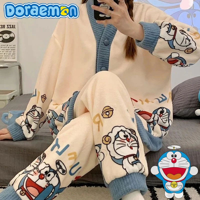 Cartoon Doraemon Women's Pajama Set Thicken Pjs Autumn Winter Cardigan Coral Fleece Sleepwear Cute Anime Home Cloth Nightgown