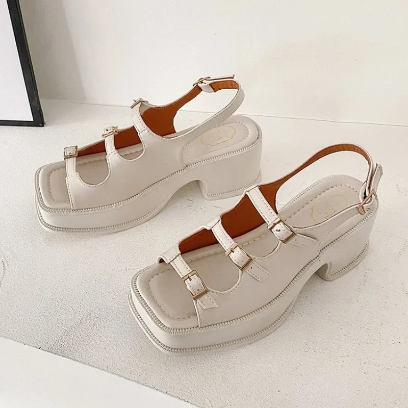 2024 New Platform Sandals Ladies High Heels Summer Women\'s Shoes Wedge Sandals Open Toe Shallow Solid Color Buckle Casual