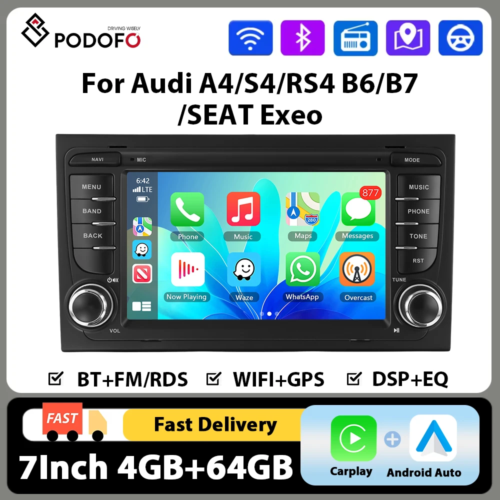 Radio para Auto Hikity de 7'' con 4+64G, Carplay, Android Auto, Reproductor Multimedia para Audi A4/S4/RS4 B6/B7, Autoradio con WIFI, BT, GPS, EQ, DSP