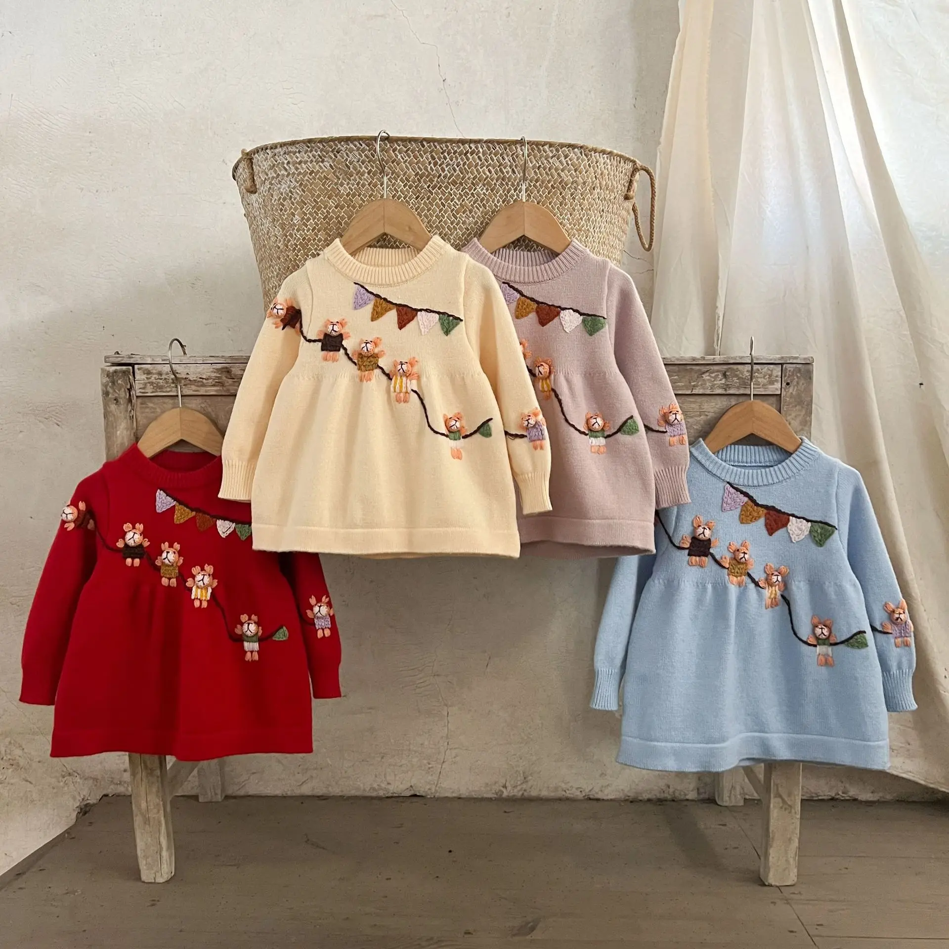 

Ins Korean Version Girls' Pure Cotton Woolen Three-dimensional Embroidery Dress, Autumn and Winter Warm and Trendy Soft Dress