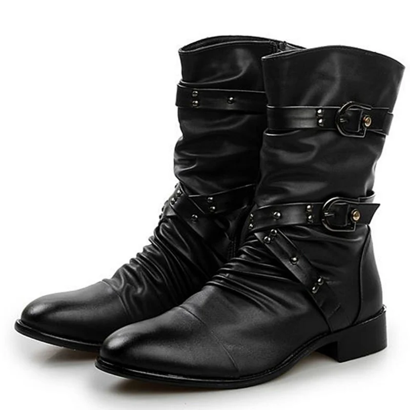 Men\'s Leather Boots High Quality Soft Biker Boots Black Punk Rock Shoes Men\'s Women\'s Tall Boots Size 38--45 Locomotive Shoes