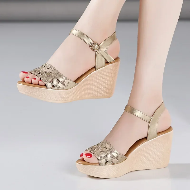 8cm Small Size 32-43 Summer Comfortable Platform Wedges Sandals 2024 Floral Cutout High Heels Shoes for Office Mom Beach