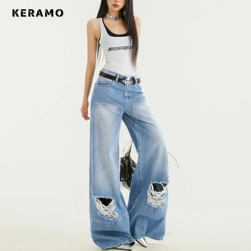 

Vintage Ripped Harajuku Loose Fit Jeans Y2K Trashy Damage Emo Wide Leg Pants Women's Kpop Baggy Light Blue Denim Trouser