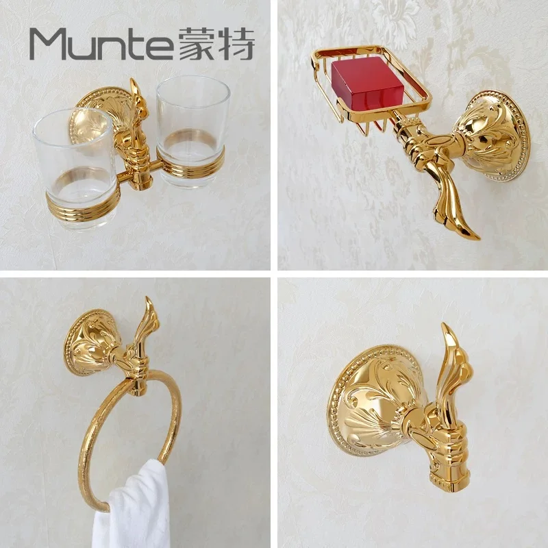 Luxury Artistic Brass Bathroom Hardware Set Toilet Paper Holder Towel Bar Ring Toilet Brush Holder Toothbrush Cup Soap Dish,Gold
