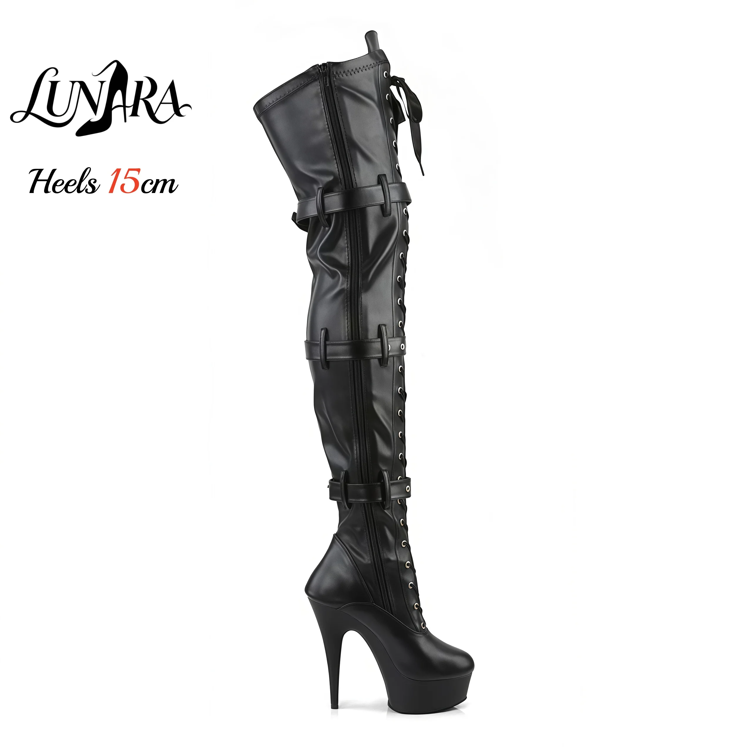 15cm/6Inch Black Patent Platform High Heel Thigh High Boots Lace-Up Buckle Zipper Non-slip Gothic Performance Pole Dance Ladies