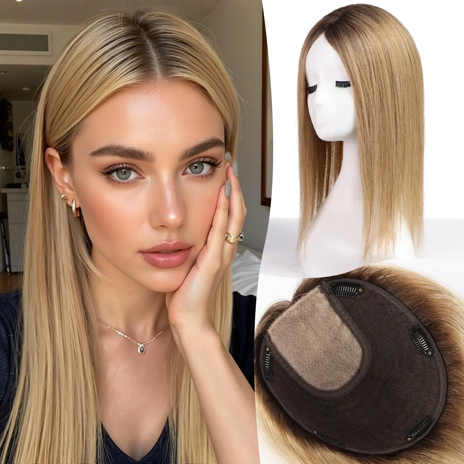 16inch Ombre Brown Human Hair Toppers 9x9inch with 5 Clips Silk Base Natural Large Base Remy Hair Extensions for Women Hair Loss