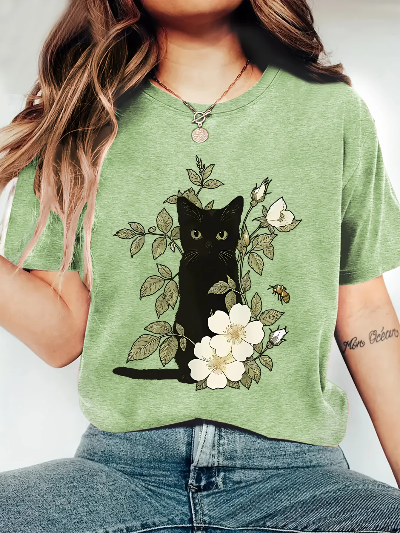 Women Spring Summer Crew Neck Short Sleeve T-Shirt Black Cat White Floral Bee Print Loose Casual Dark Green Daily Ladies Tops