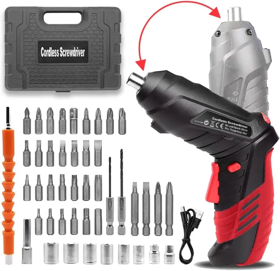 

Rechargeable Cordless Electric Screwdriver Kit with 46 Bits, Pivoting Handle, LED Light for DIY Projects (Red)